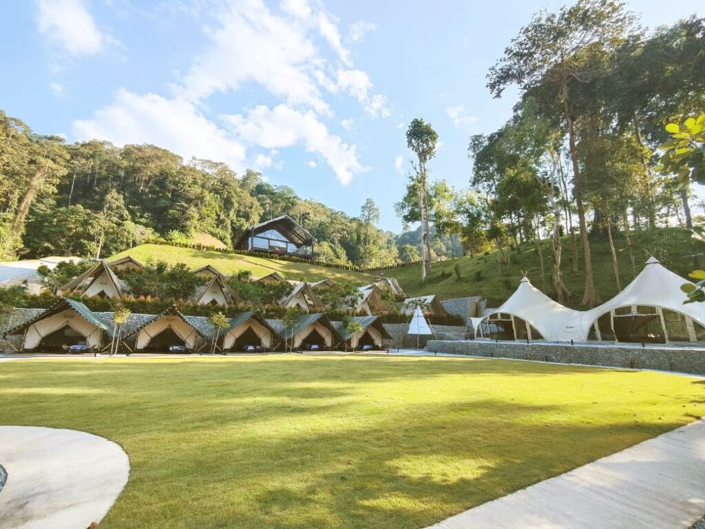 Glamping venue in Janda Baik with open lawn, glamping tents and forest hillside in the background for yoga retreats.